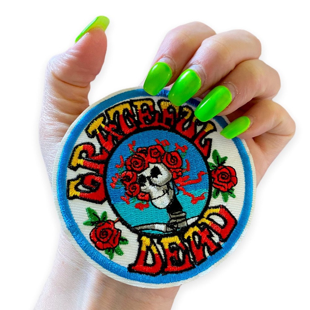 Floral Grateful Dead Skull Embroidered Patch Iron On Accent Red Blue Yellow NEW